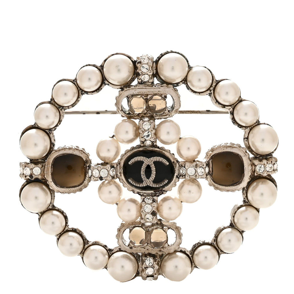 Gripoix Poured Glass Crystal Pearl Brooch Black Silver