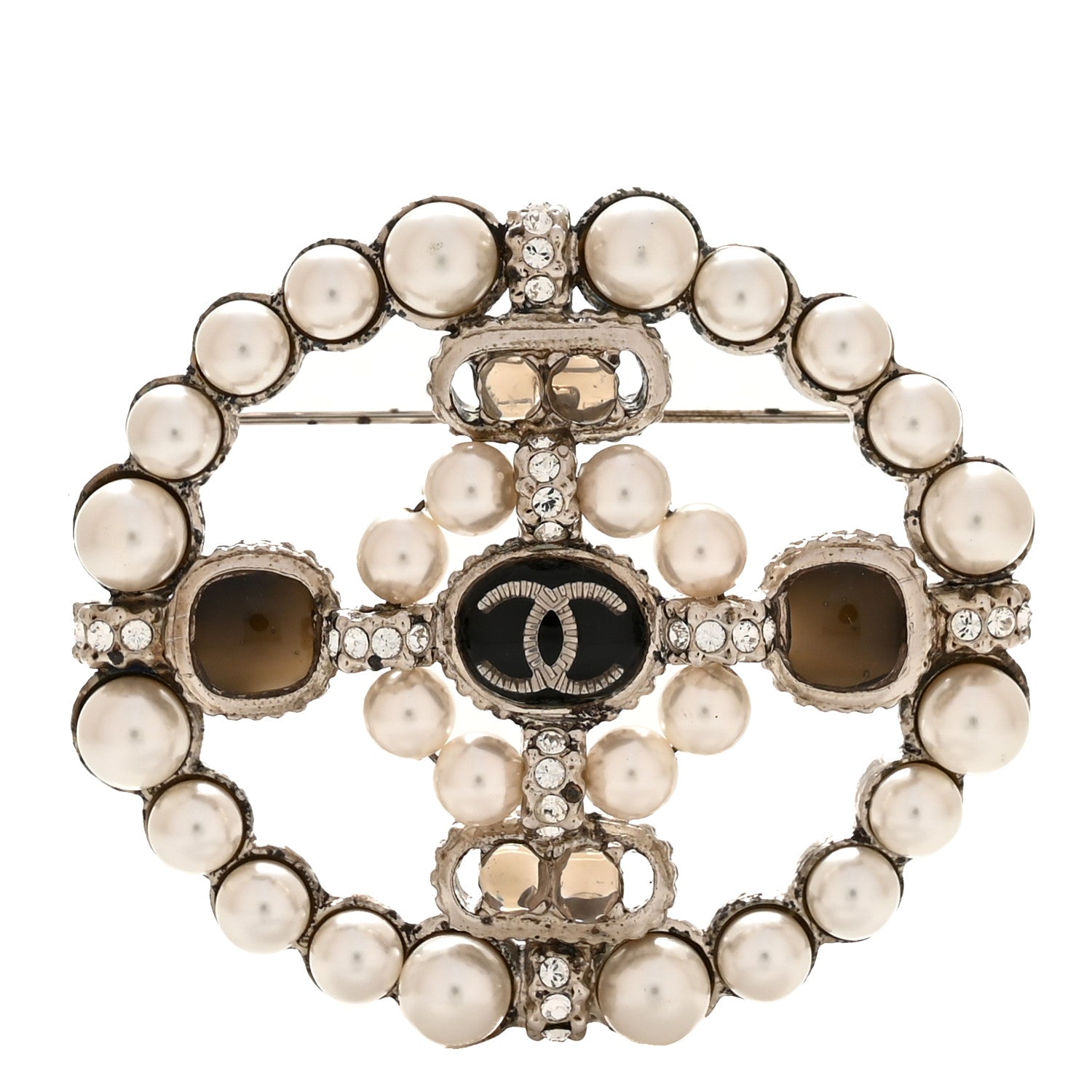 Gripoix Poured Glass Crystal Pearl Brooch Black Silver