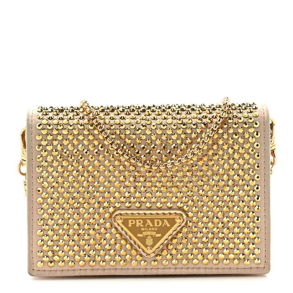 Prada Satin Crystal Metal Triangle Logo Card Holder With Strap Platino
