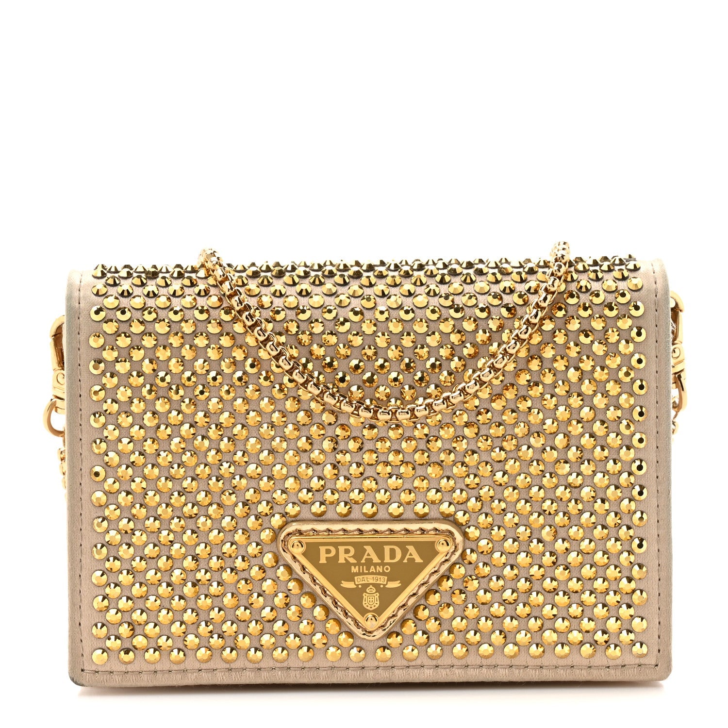 Prada Satin Crystal Metal Triangle Logo Card Holder With Strap Platino