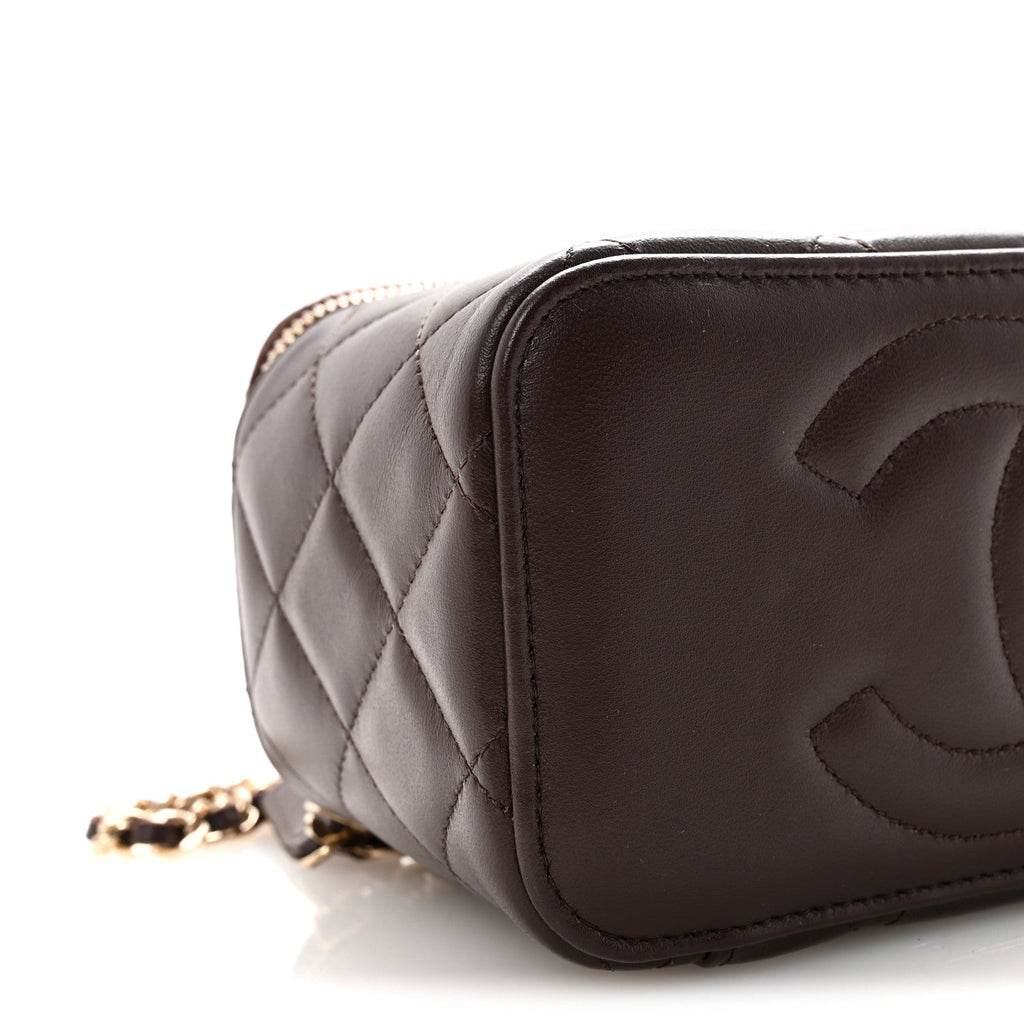 Chanel Lambskin Quilted Small Top Handle Vanity Case With Chain Dark Brown