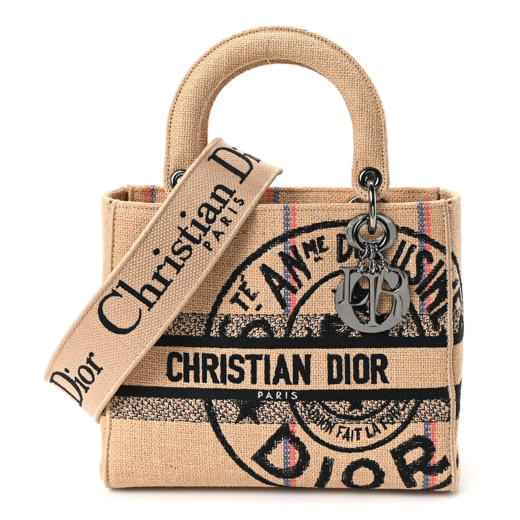 Christian Dior Canvas Jute Embroidered Medium Lady D-Lite Beige Multicolor