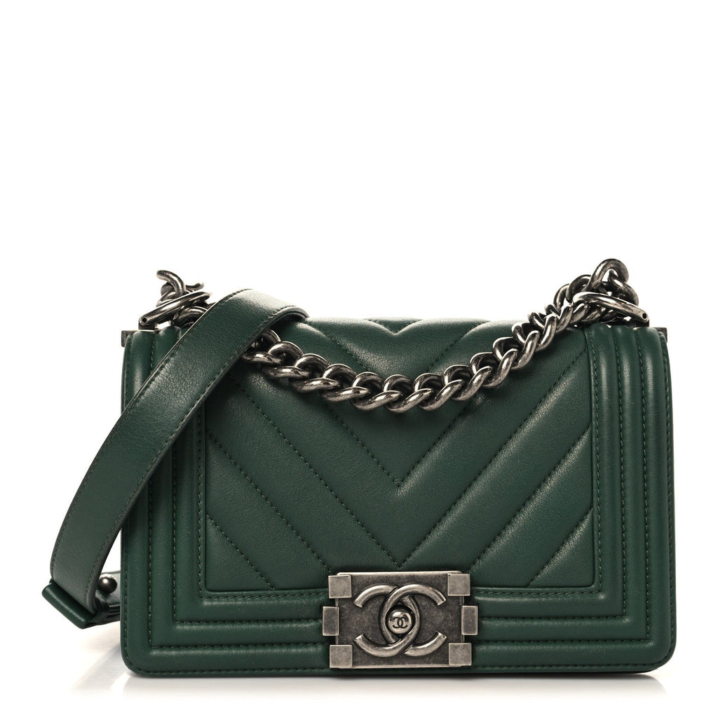 Chanel Calfskin Chevron Quilted Small Boy Flap Green
