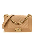Chanel Lambskin Chevron Quilted Medium Boy Flap Beige