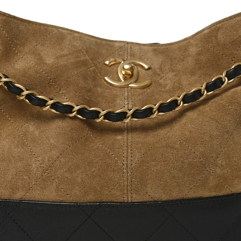 Chanel Suede Calfskin Shiny Lambskin Quilted Small Coco Base Shopping Bag Beige Black