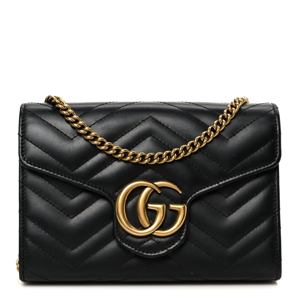 Gucci Calfskin Matelasse GG Marmont Chain Wallet Black