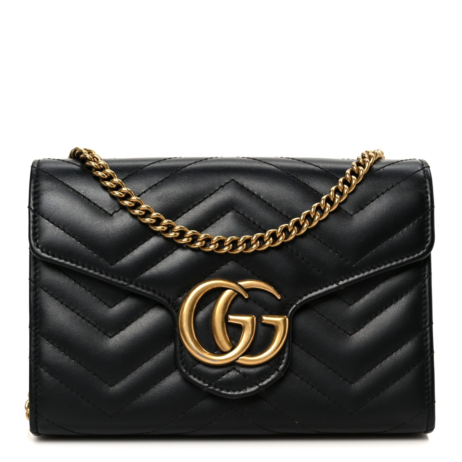 Gucci Calfskin Matelasse GG Marmont Chain Wallet Black