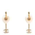 Metal Pearl Crystal Heart Chain Drop CC Earrings Gold White