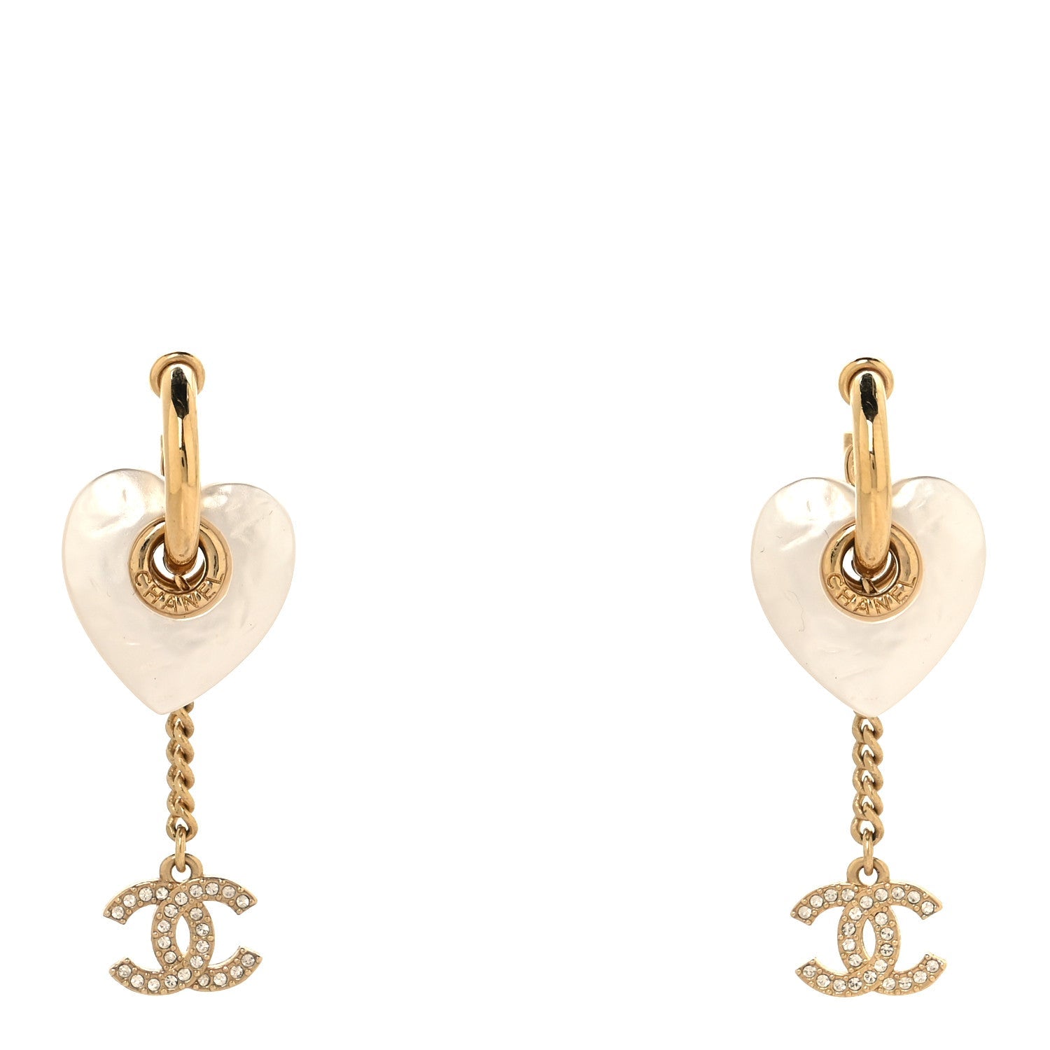 Metal Pearl Crystal Heart Chain Drop CC Earrings Gold White