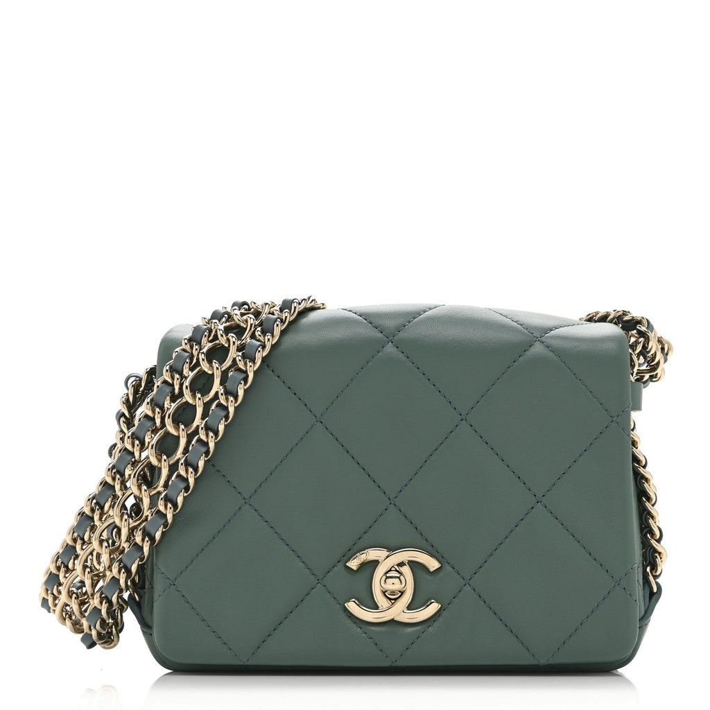 Chanel Lambskin Quilted Mini Chain Rows Flap  Green