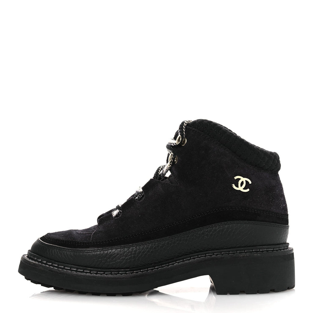 Chanel Suede Grained Calfskin CC Lace Up Boots 38 Black