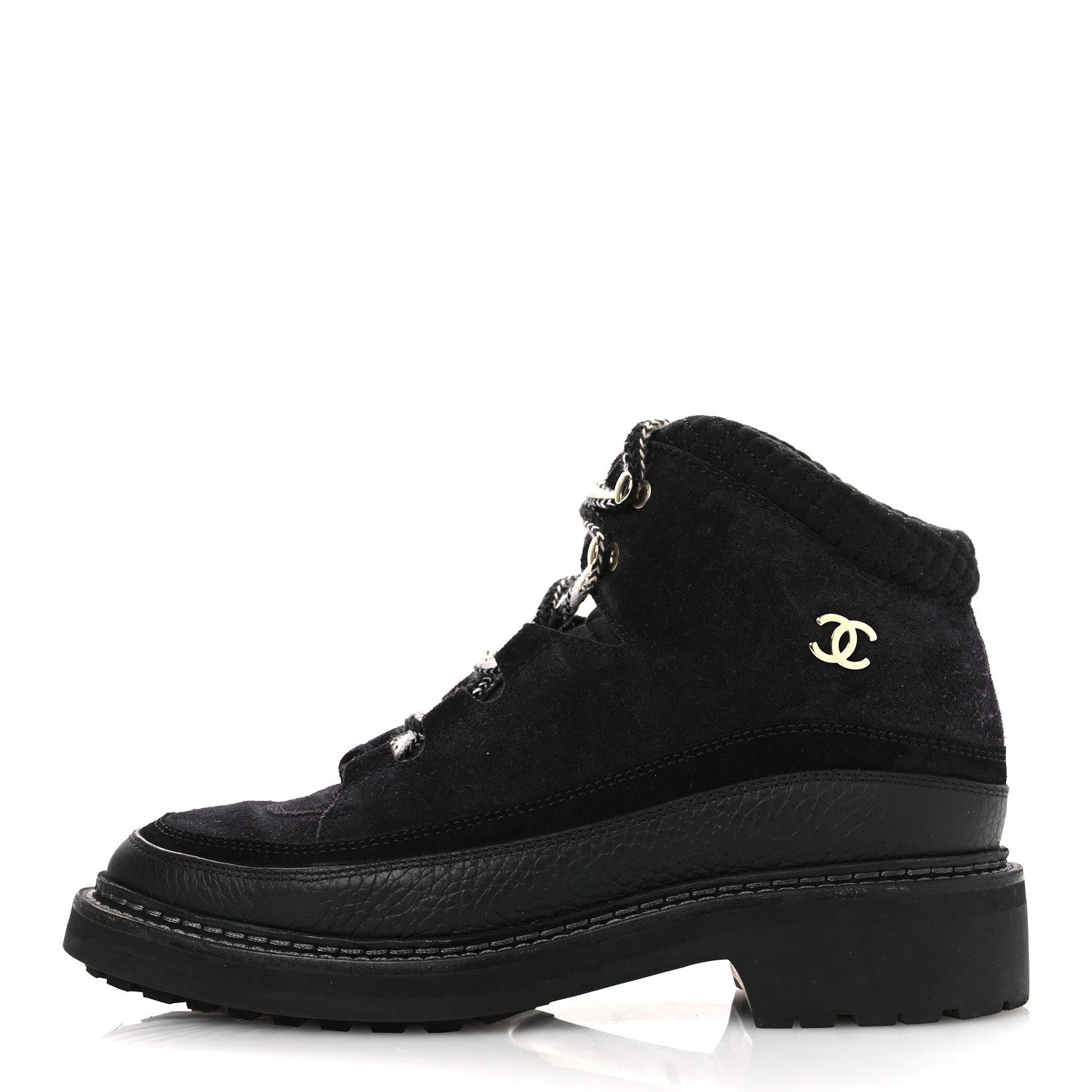 Chanel Suede Grained Calfskin CC Lace Up Boots 38 Black