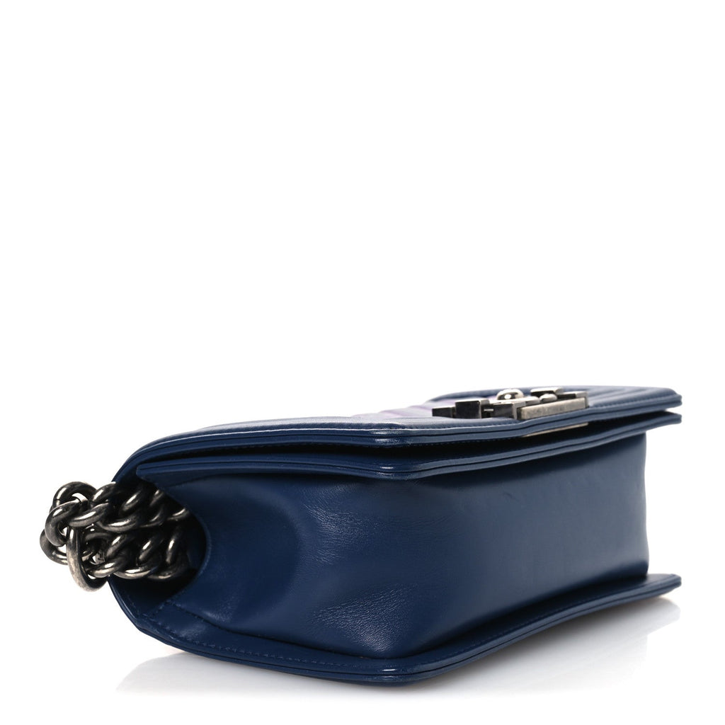 Calfskin Painted Chevron Embossed Small Boy Flap Dark Blue