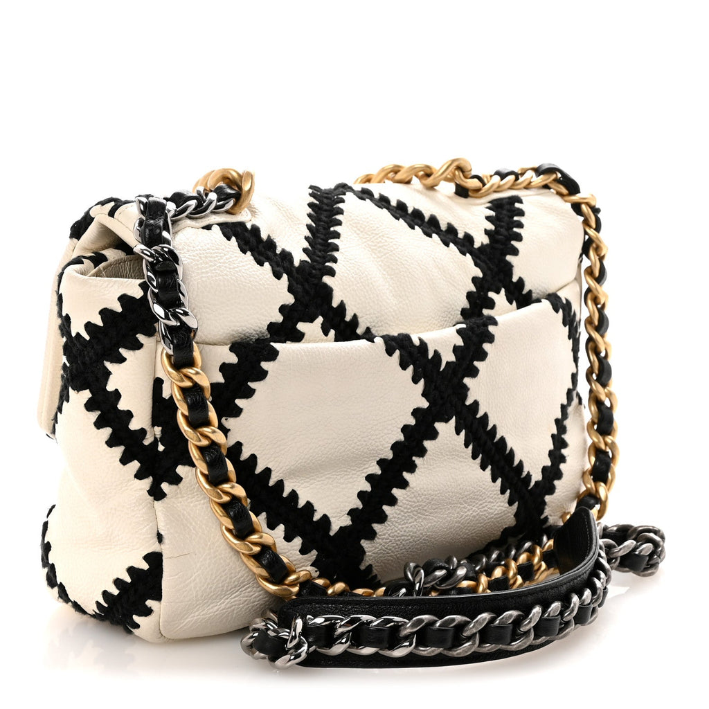Chanel Calfskin Crochet Medium Chanel 19 Flap White Black