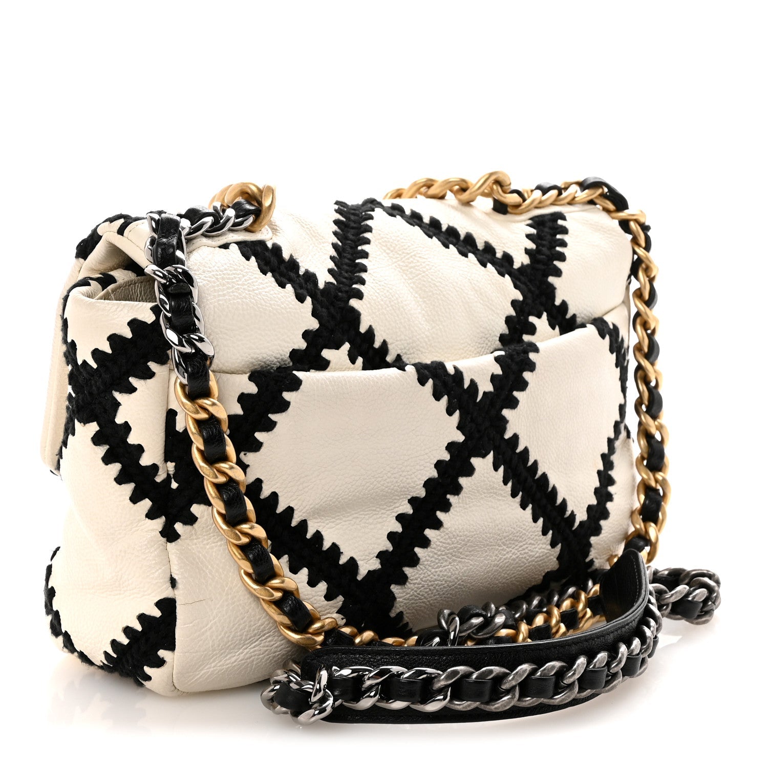 Chanel Calfskin Crochet Medium Chanel 19 Flap White Black
