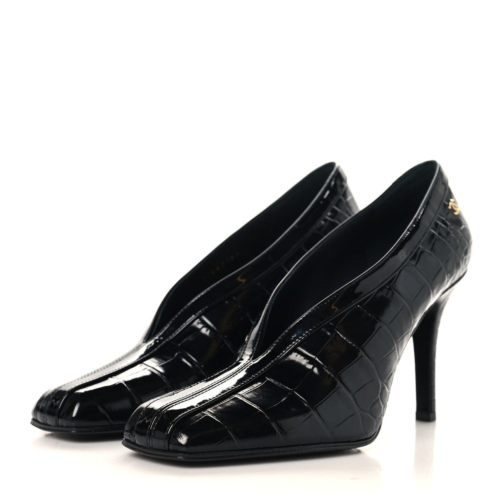 Crocodile Embossed Patent Calfskin Pumps 38.5 Black