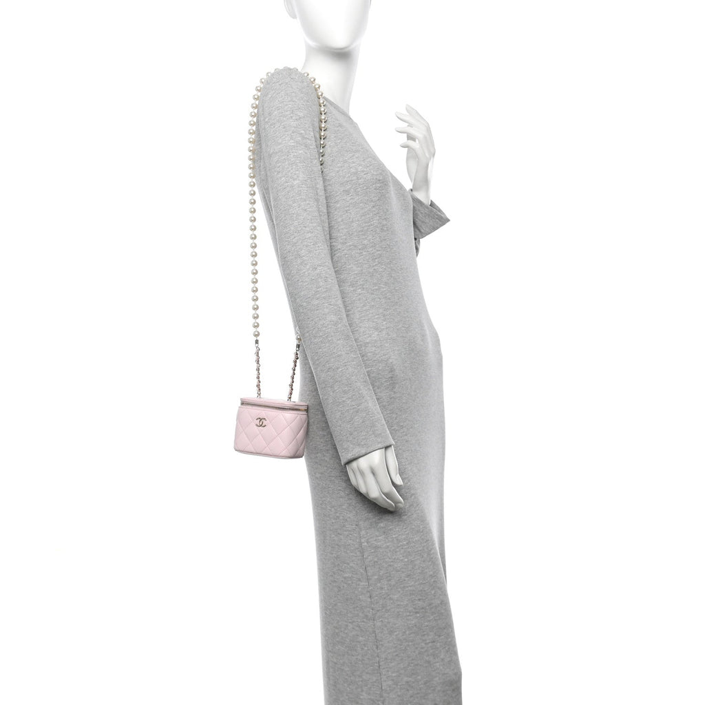 Chanel Lambskin Quilted Mini Vanity Case With Pearl Chain Light Pink