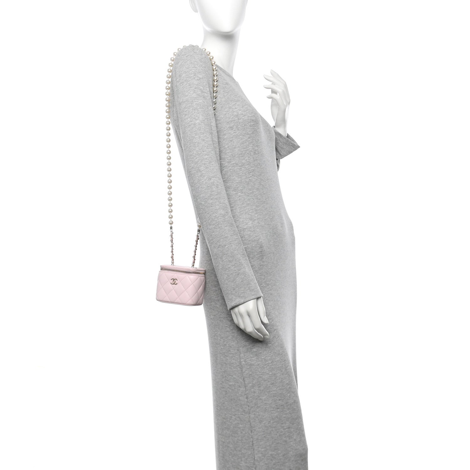 Chanel Lambskin Quilted Mini Vanity Case With Pearl Chain Light Pink