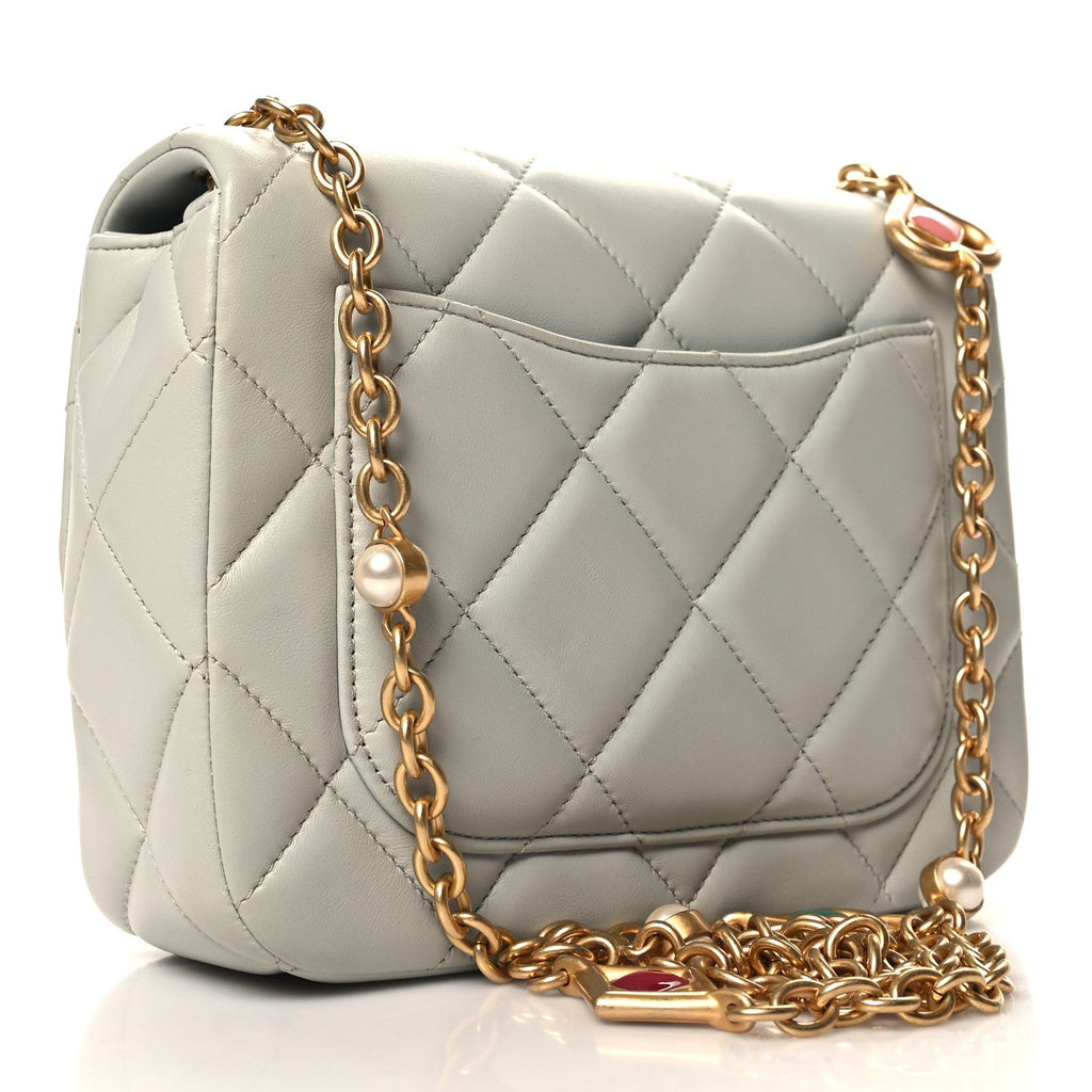 Chanel Lambskin Enamel Pearl Quilted Mini Charm Me Square Flap Light Blue