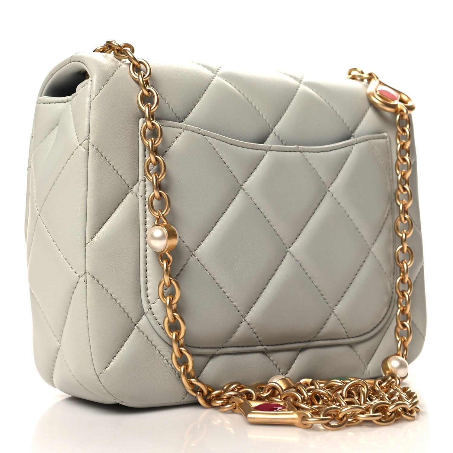 Chanel Lambskin Enamel Pearl Quilted Mini Charm Me Square Flap Light Blue