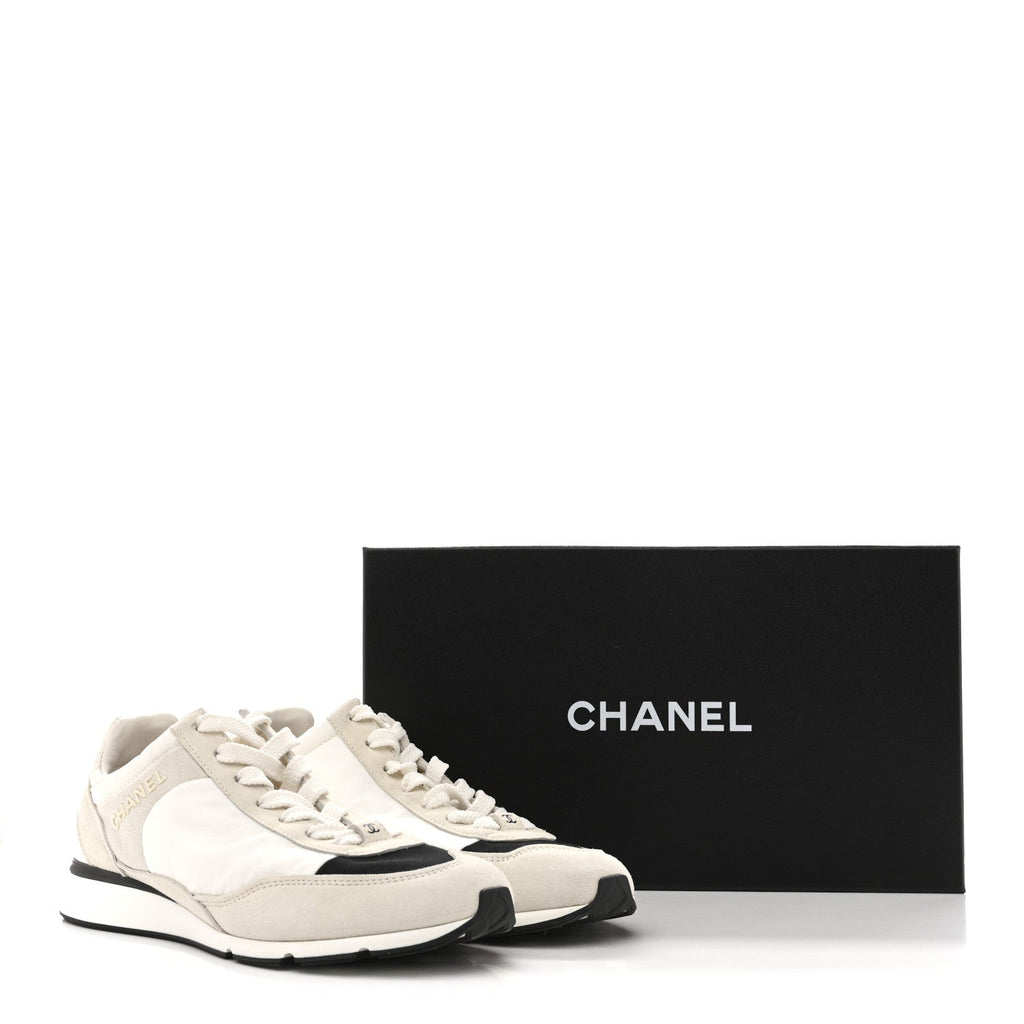 Nylon Suede Kidskin Calfskin Logo Sneakers 37.5 White Black