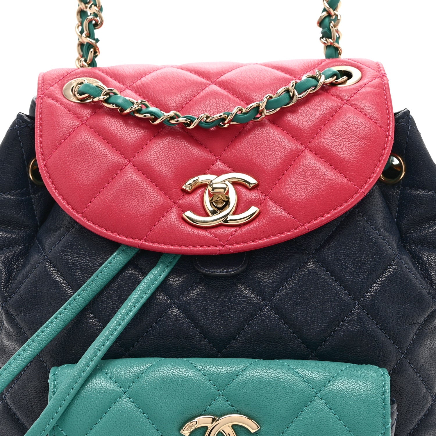 Chanel Goatskin Quilted Duma Drawstring Backpack Navy Turquoise Pink
