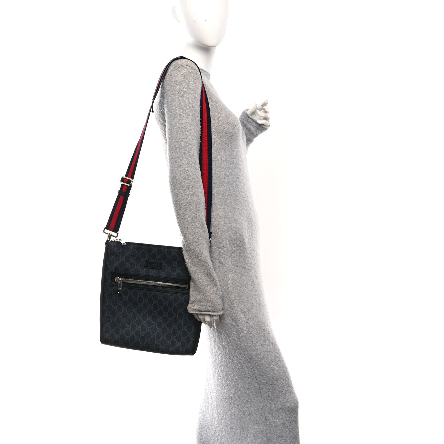 Gucci GG Supreme Monogram Appia Calfskin Web Flat Messenger Bag Black Grey
