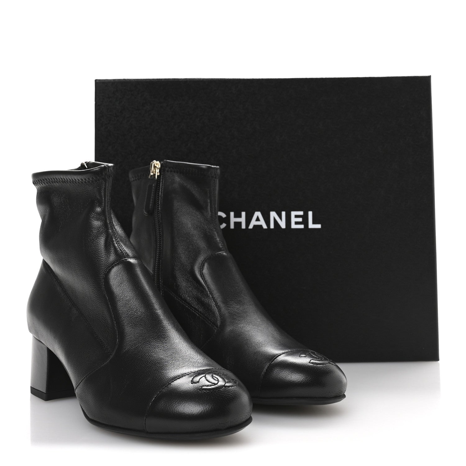 Chanel Stretch Lambskin Cap Toe CC Uniform Short Boots 36.5 Black