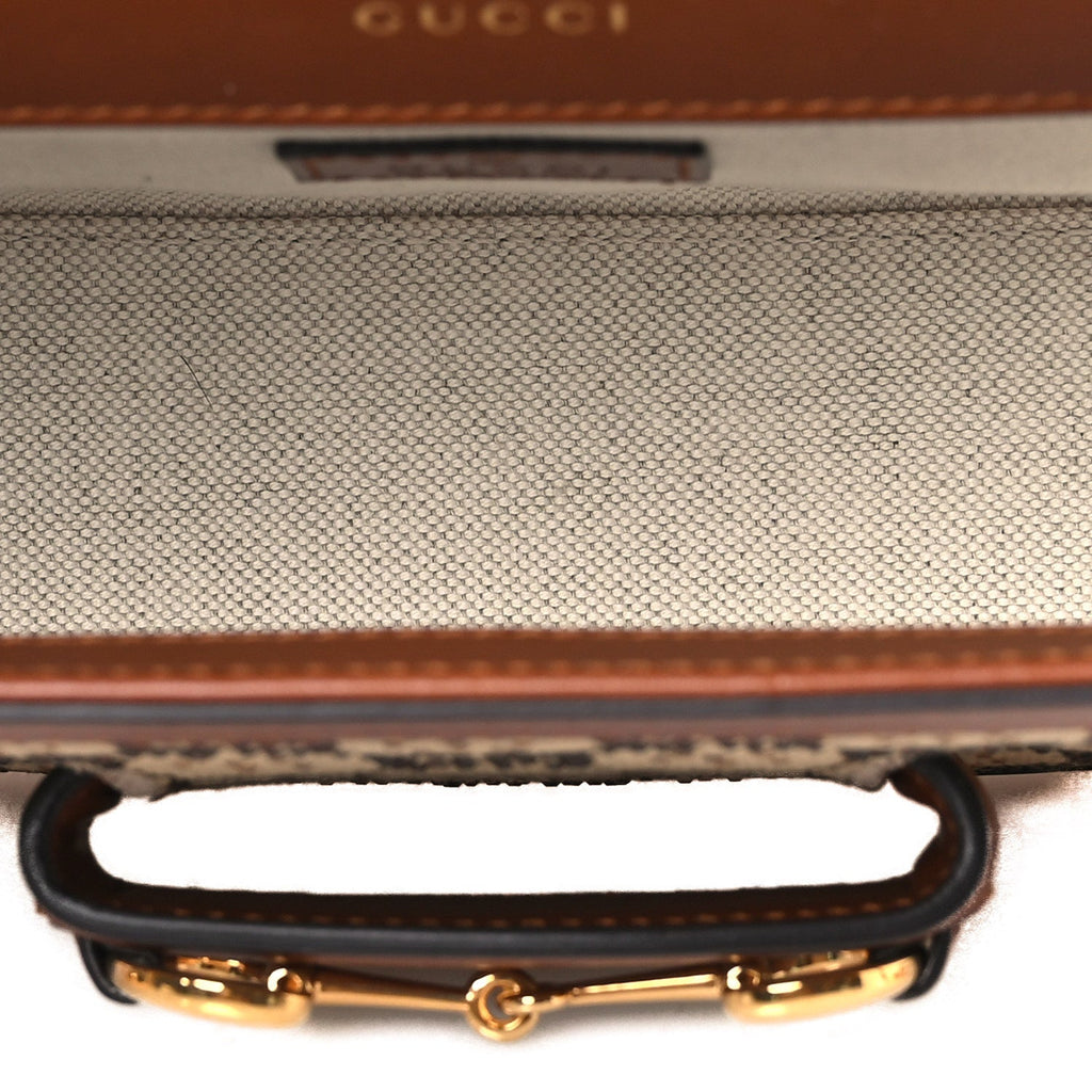 Gucci New Canvas Charisma Calfskin Crystal GG Monogram Mini Horsebit 1955 Shoulder Bag Camel Ebony