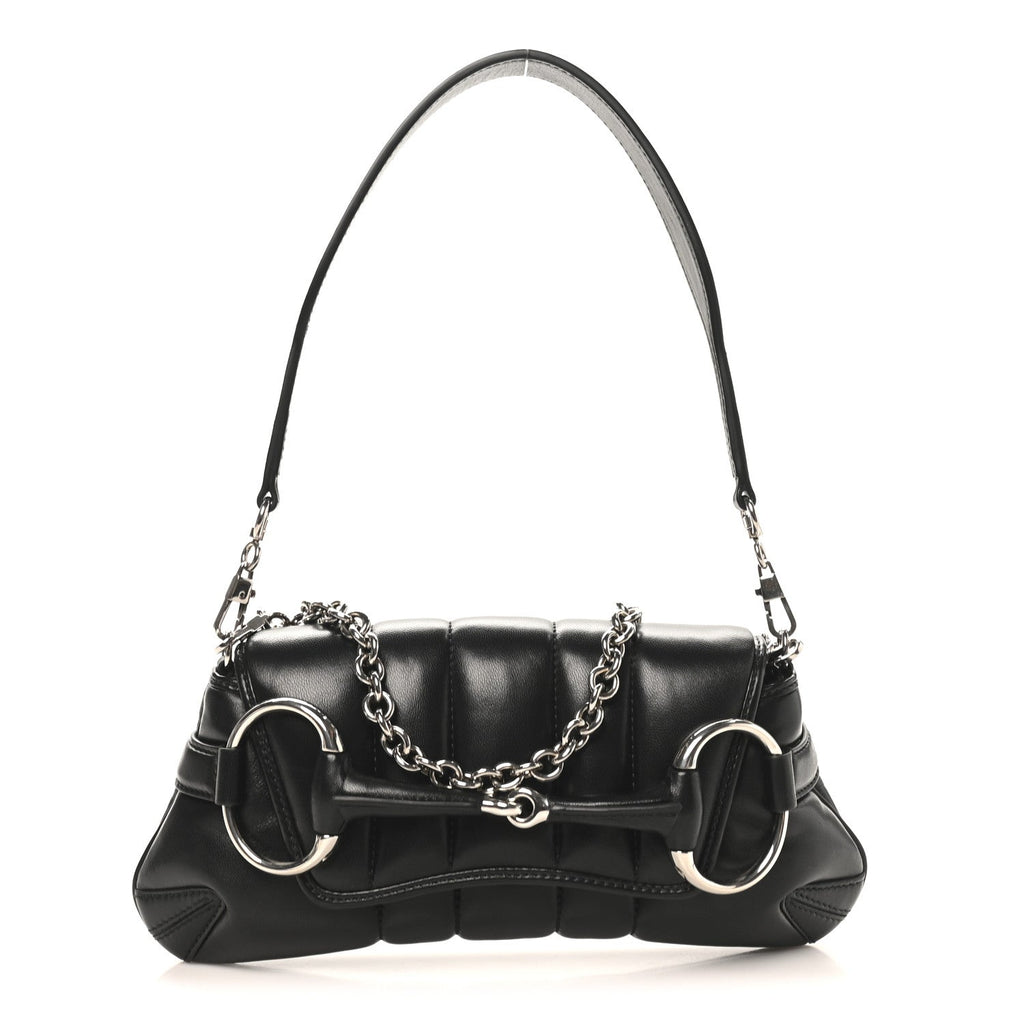 Gucci Nappa Vertical Matelasse Medium Maxi Horsebit Chain Shoulder Bag Black