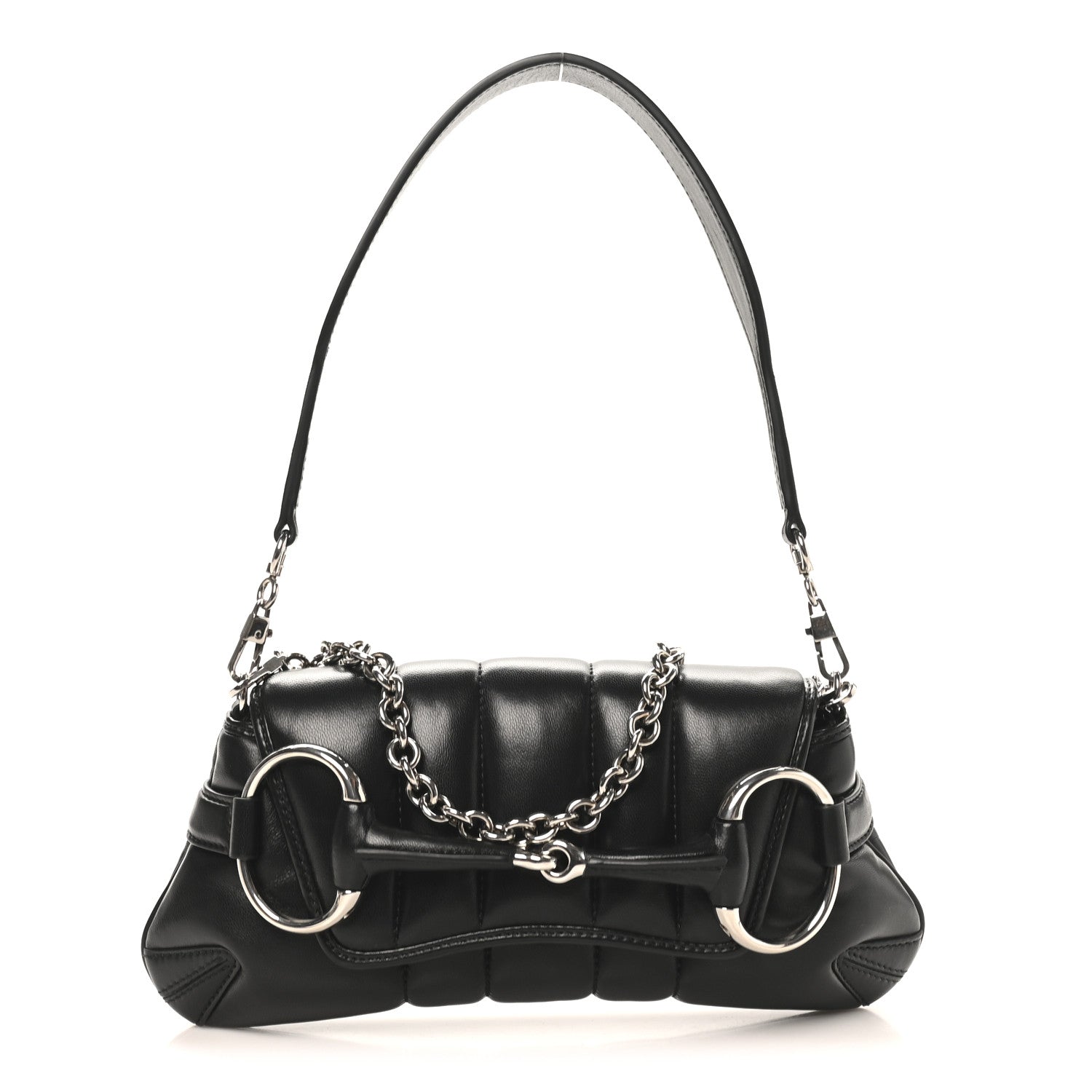 Gucci Nappa Vertical Matelasse Medium Maxi Horsebit Chain Shoulder Bag Black