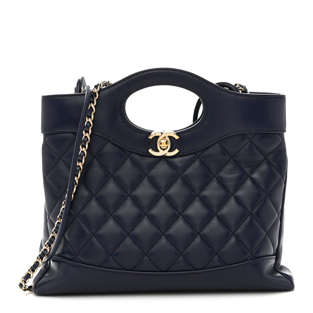 Chanel Shiny Crumpled Calfskin Quilted Mini 31 Shopping Bag Navy Blue