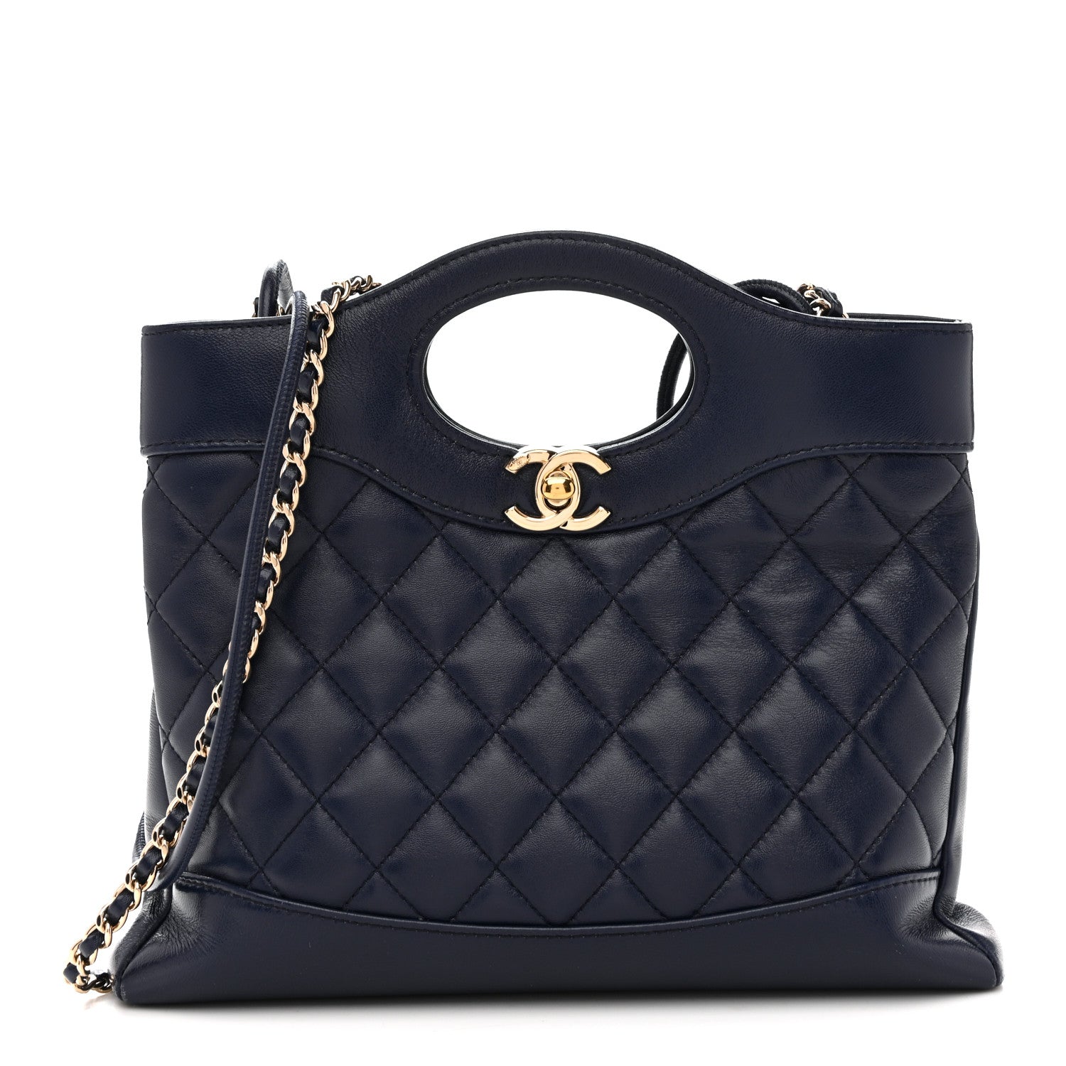 Chanel Shiny Crumpled Calfskin Quilted Mini 31 Shopping Bag Navy Blue