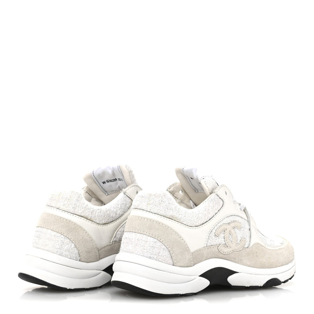 Painted Iridescent Cotton Tweed Suede Calfskin Womens CC Sneakers 35.5 White Silver Multicolor