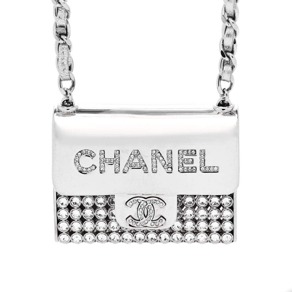 Metal Lambskin Strass Crystal Purse CC Long Necklace Silver