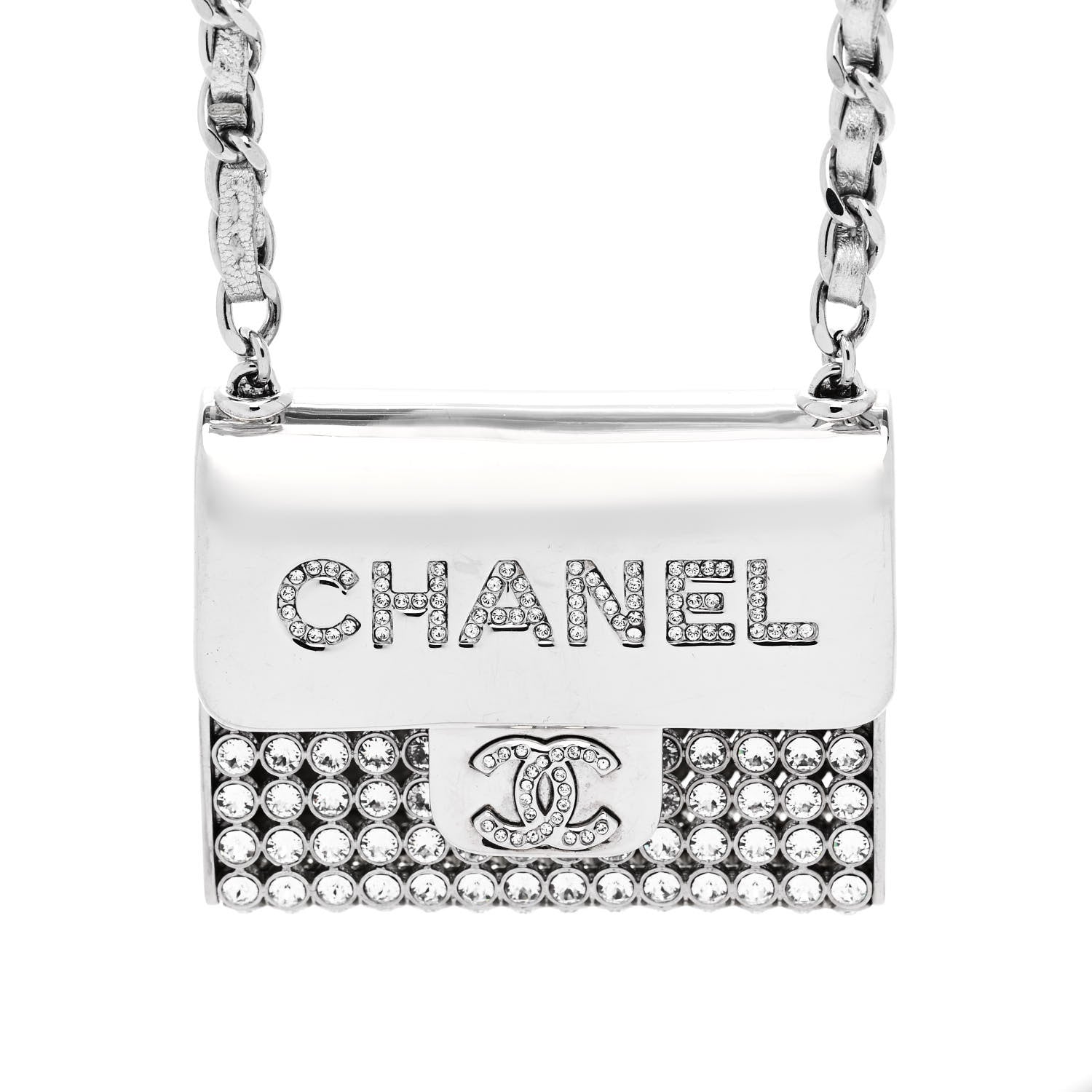 Metal Lambskin Strass Crystal Purse CC Long Necklace Silver