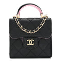 Chanel Lambskin Quilted Bi-Color Top Handle Clutch With Chain Black Pink