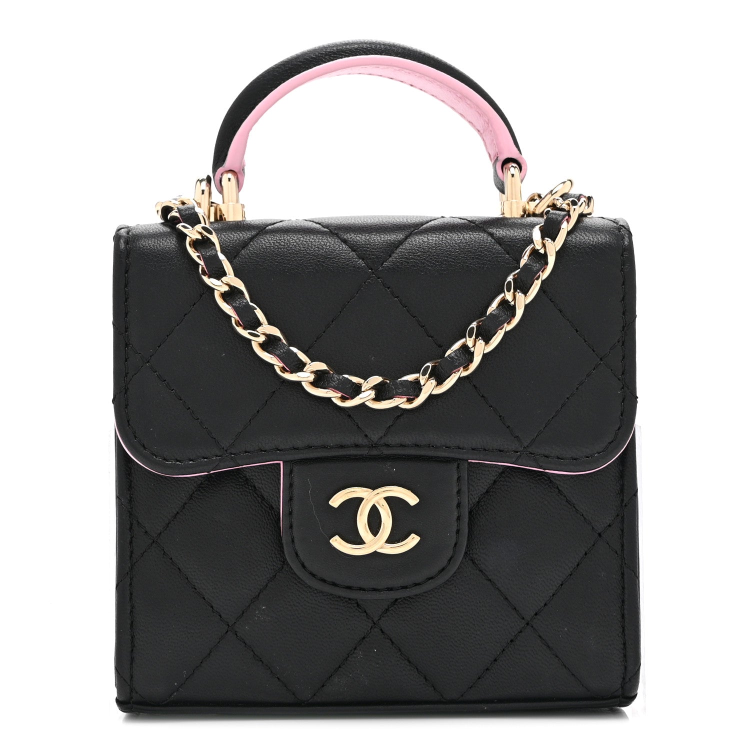 Chanel Lambskin Quilted Bi-Color Top Handle Clutch With Chain Black Pink