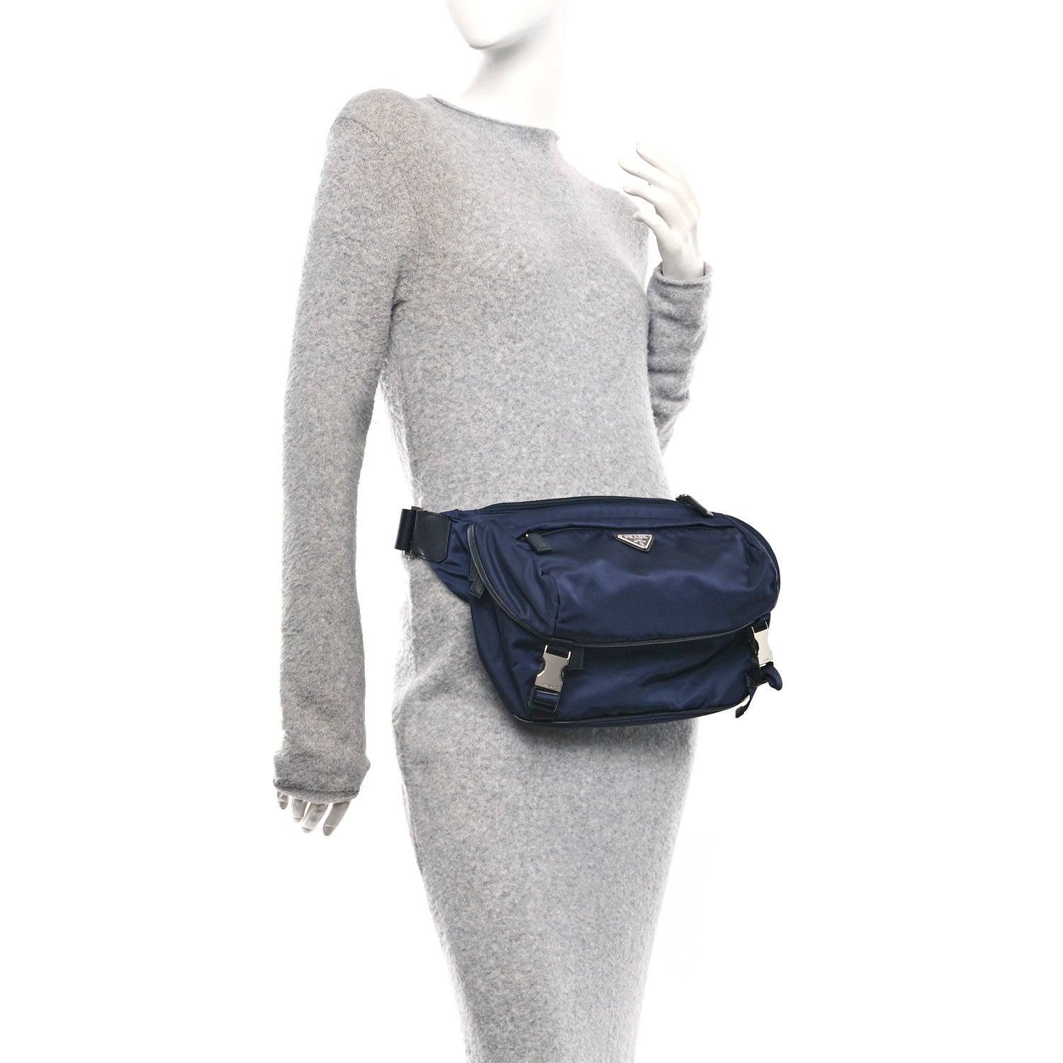 Prada Re-Nylon Saffiano Double Snap Buckle Zip Flap Shoulder Bag Bleu