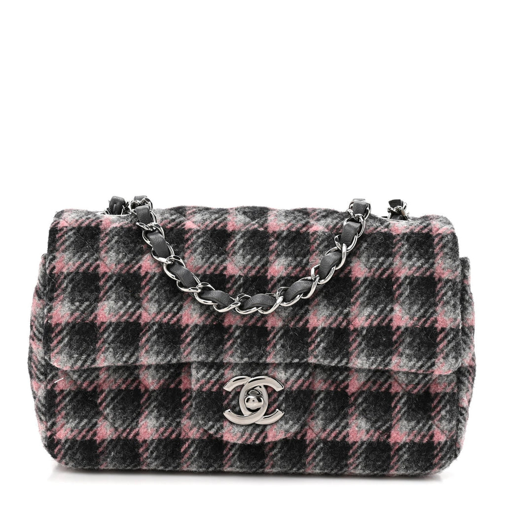 Chanel Wool Plaid Quilted Mini Rectangular Flap Pink Grey Multicolor