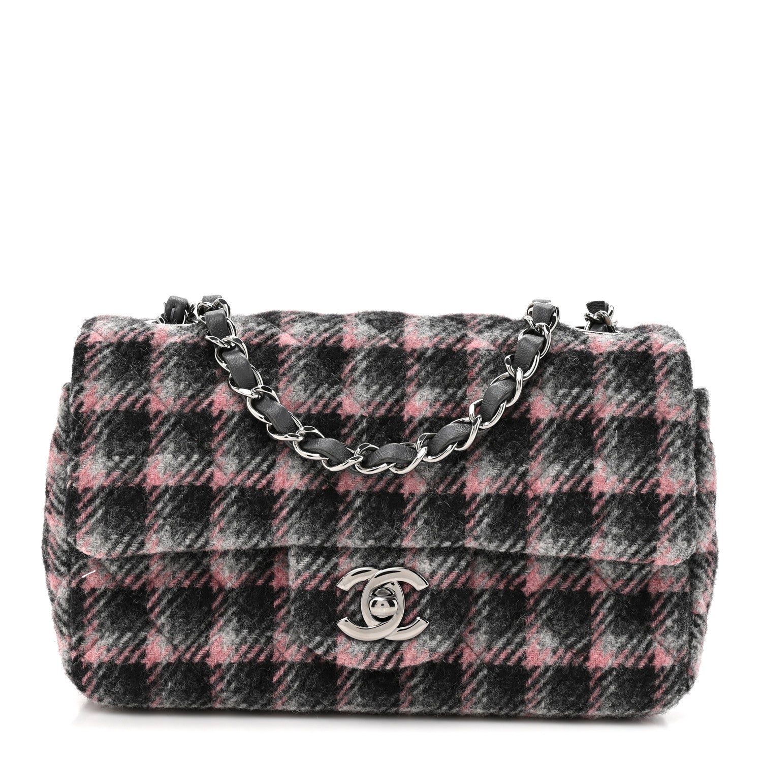 Chanel Wool Plaid Quilted Mini Rectangular Flap Pink Grey Multicolor
