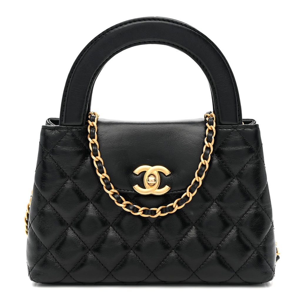 Chanel Shiny Aged Calfskin Quilted Nano Kelly Shopper Black