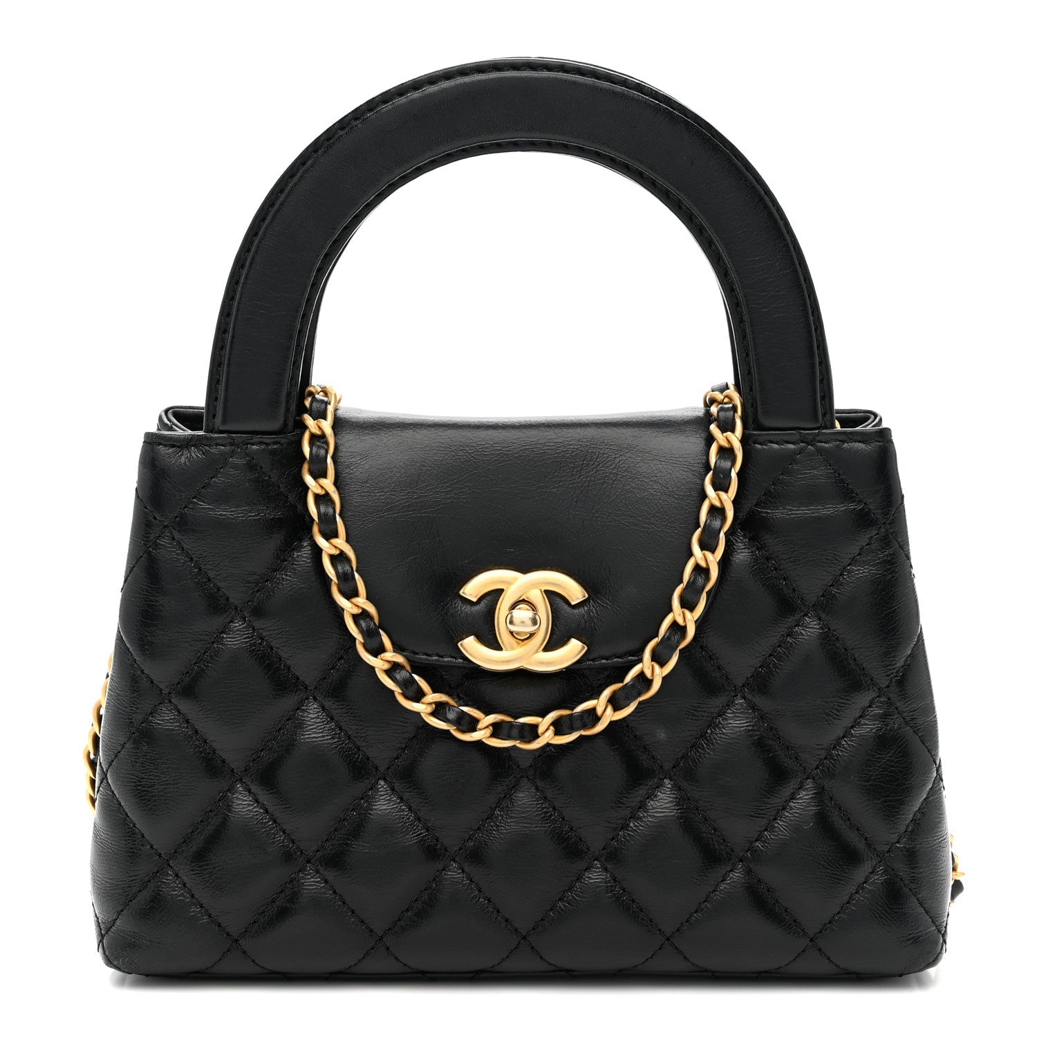 Chanel Shiny Aged Calfskin Quilted Nano Kelly Shopper Black