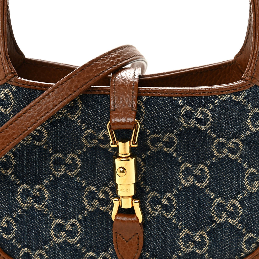 Gucci New Denim GG Monogram Calfskin Mini Jackie 1961 Hobo Blue Tea Cuir