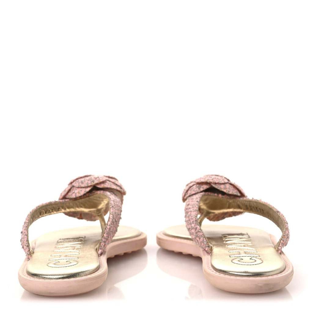 Chanel Tweed Camellia Thong Sandals 37.5 Salmon Apricot Gold