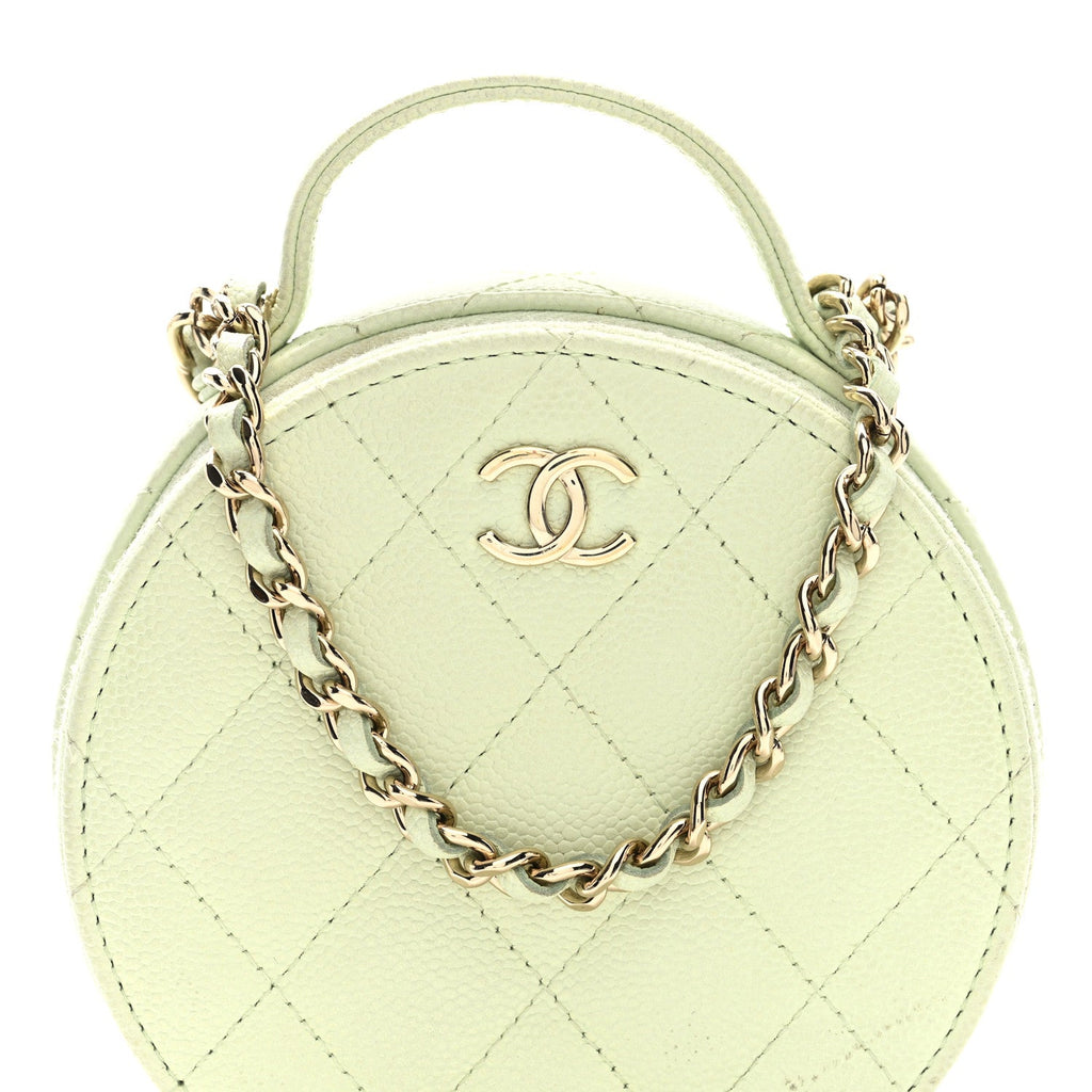 Chanel Caviar Quilted Round Handle With Care Vanity With Chain Light Green