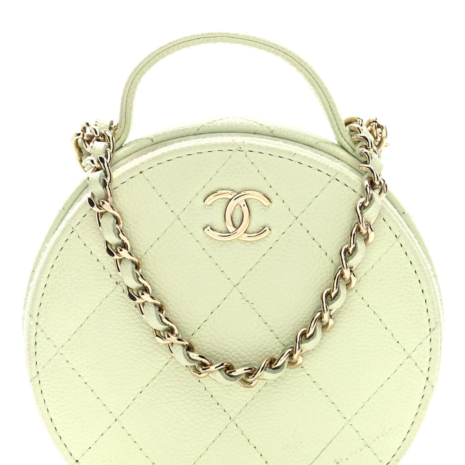 Chanel Caviar Quilted Round Handle With Care Vanity With Chain Light Green