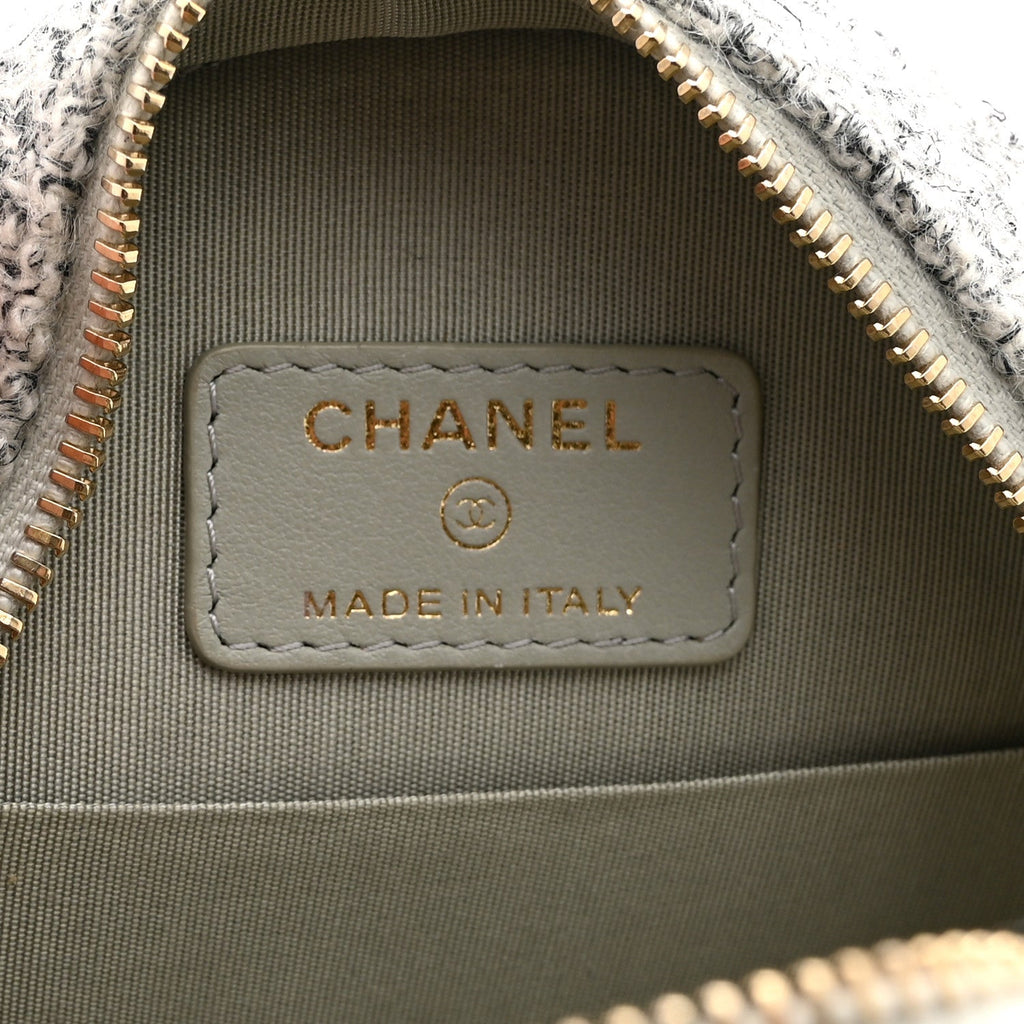 Chanel Wool Tweed Lambskin Quilted Chanel 19 Round Clutch With Chain Grey Ecru
