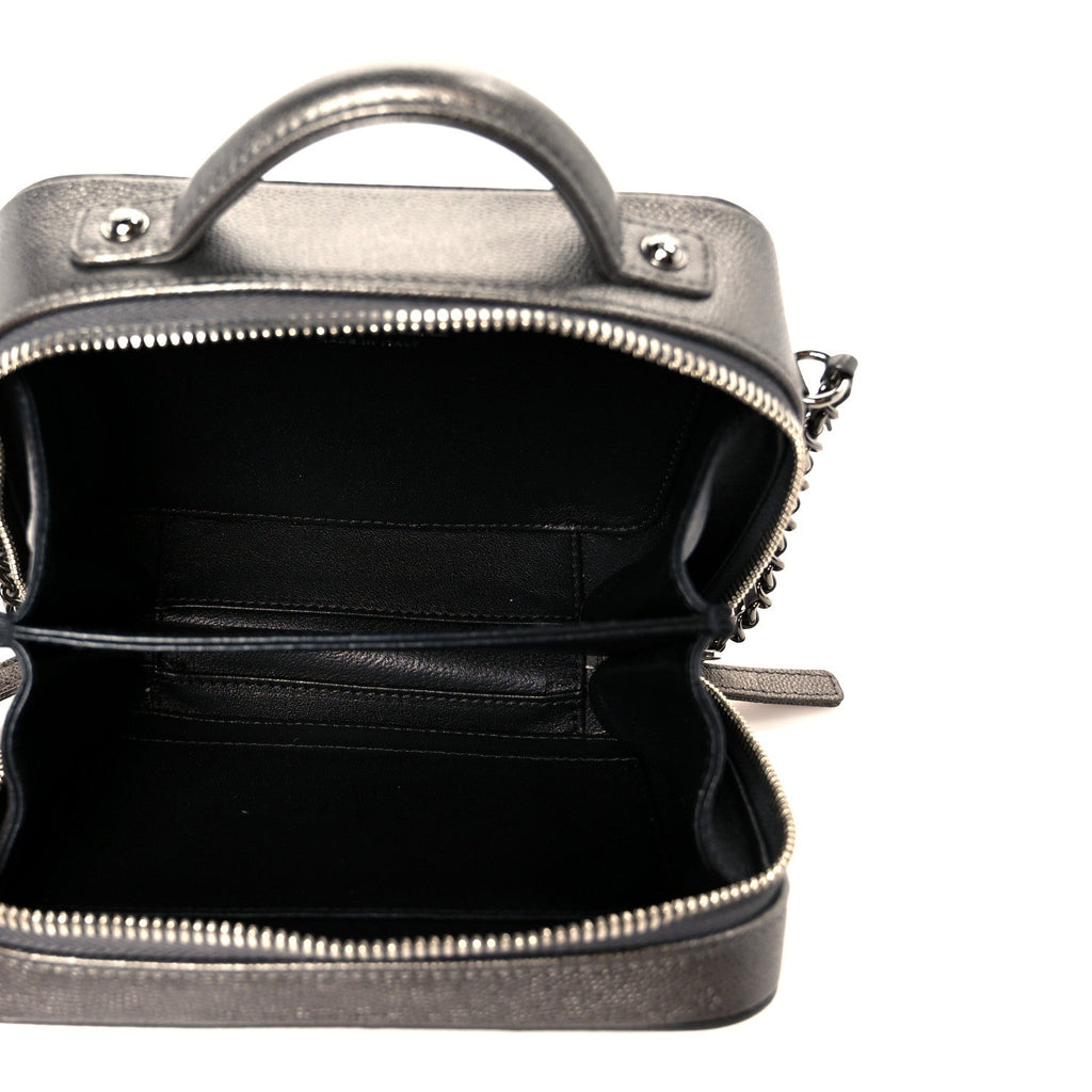 Chanel Metallic Caviar Quilted Small CC Filigree Vanity Case Dark Silver