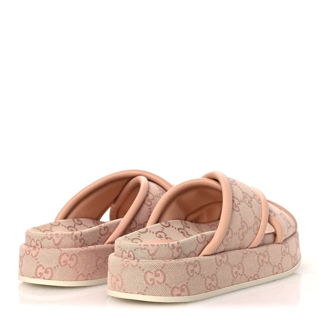 Gucci Monogram GG Calfskin Angelina Platform 55mm Slide Sandals 36.5 Light Pink